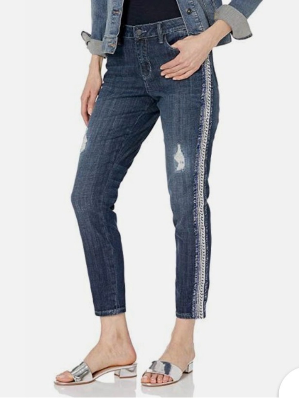 Laurie Felt Indigo Distressed Jeans with Embellished Embroidered Side Stripe